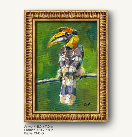 Vibrant oil painting of a toucan in expressive style, framed in ornate warm gold frame with textured profile, set against green background