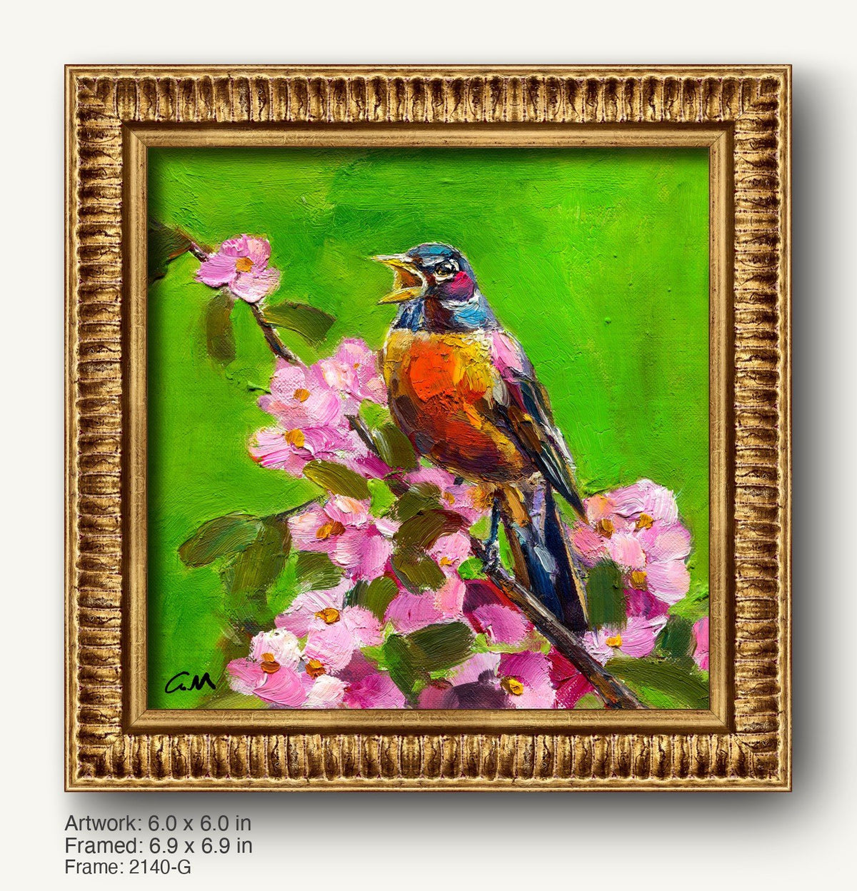 Hand-painted robin perched on blooming pink flowers against a vibrant green background, framed in ornate warm gold with textured profile