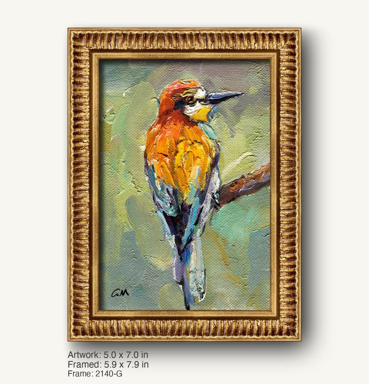 Vibrant oil painting of a woodpecker in warm orange, yellow, and green tones, framed in a textured gold ornate frame with classic profile, vertical composition