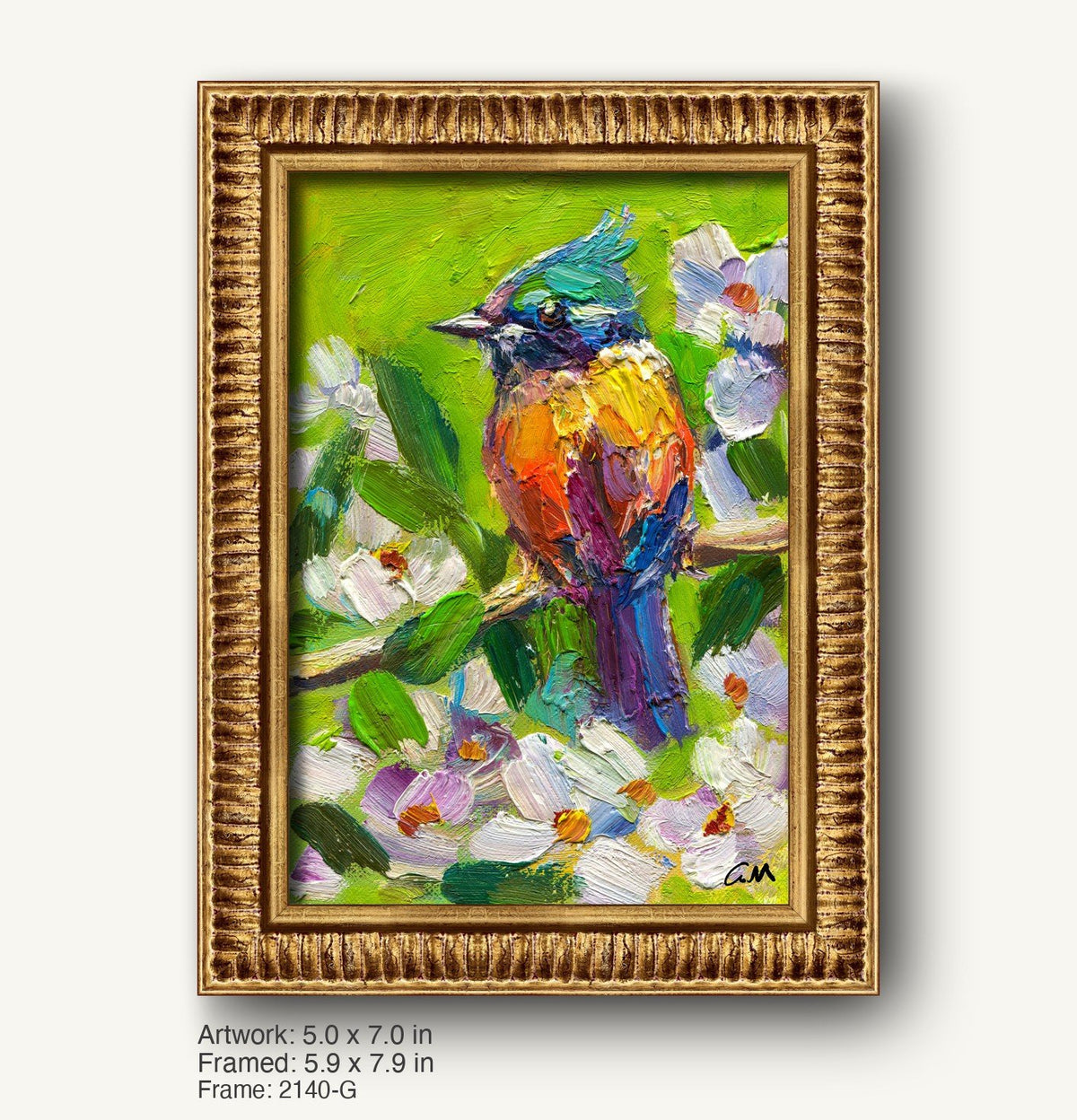 Vibrant oil painting of a colorful bird perched among white flowers, framed in ornate warm gold with textured profile, vertical composition