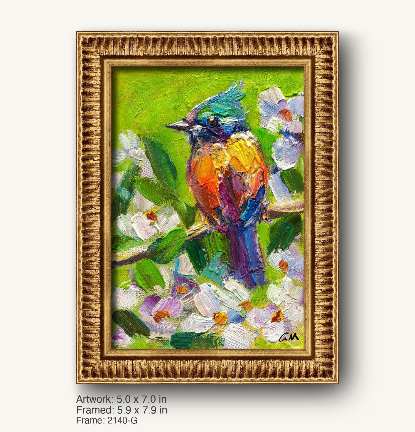 Vibrant oil painting of a colorful bird perched among white flowers, framed in ornate warm gold with textured profile, vertical composition