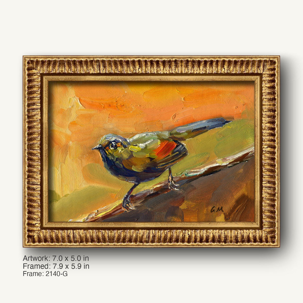 Vibrant oil painting of a colorful bird perched on a branch, framed in a warm gold ornate frame with textured ridged profile, set against a soft background