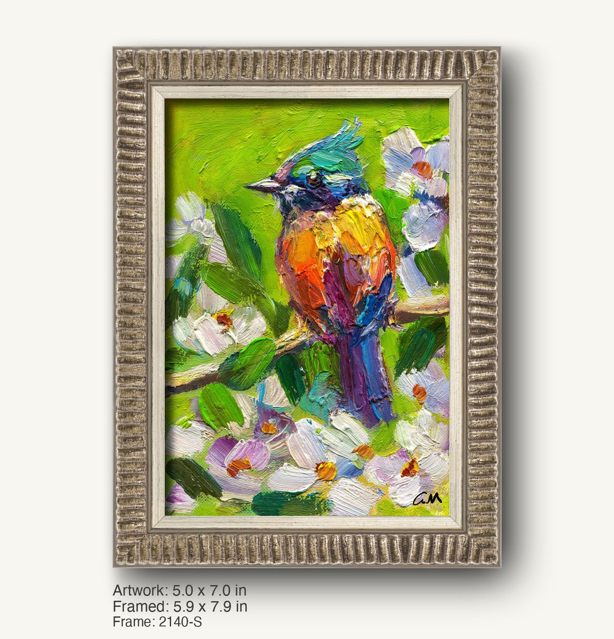 Vibrant oil painting of a colorful bird perched among flowers, framed in a textured silver-gray ornate frame with vertical ridges, set against a neutral background.