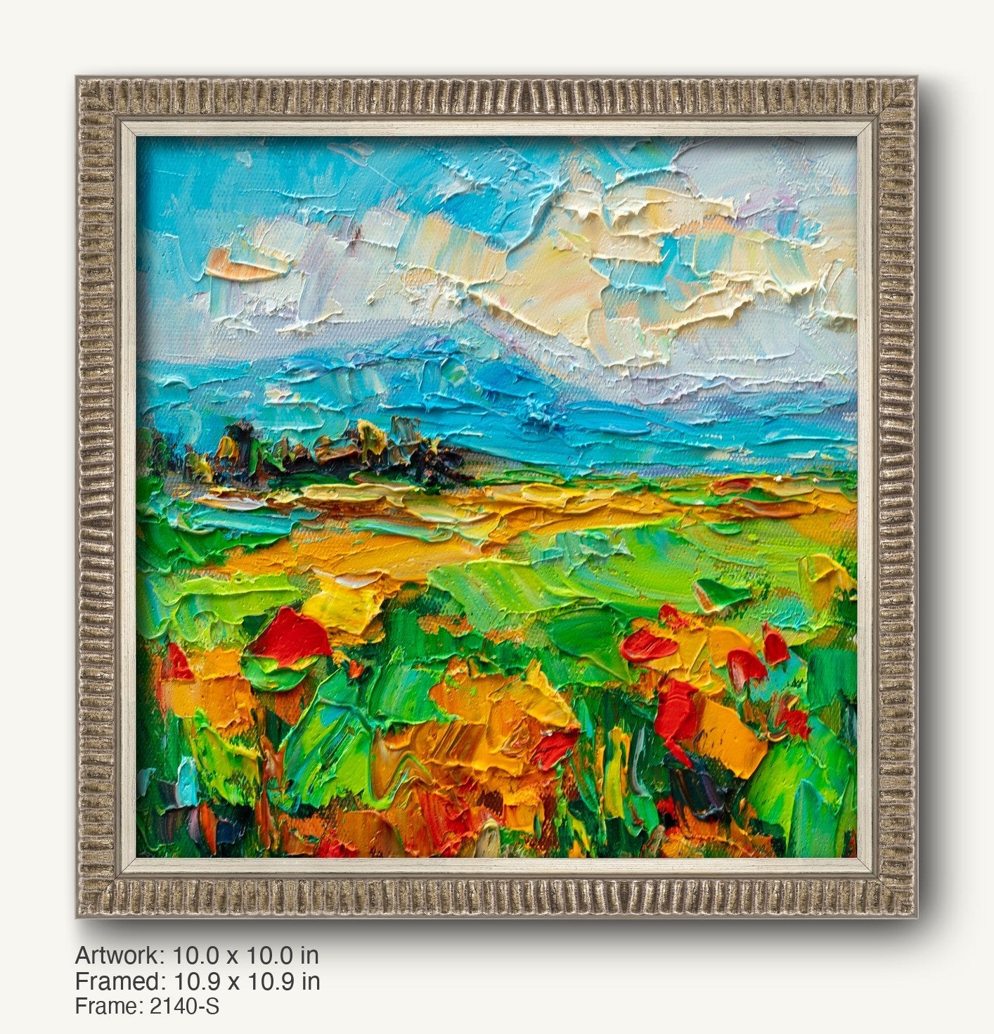 Textured oil painting of a vibrant poppy field under a dynamic sky, framed in a silver-toned ornate frame with ribbed detailing