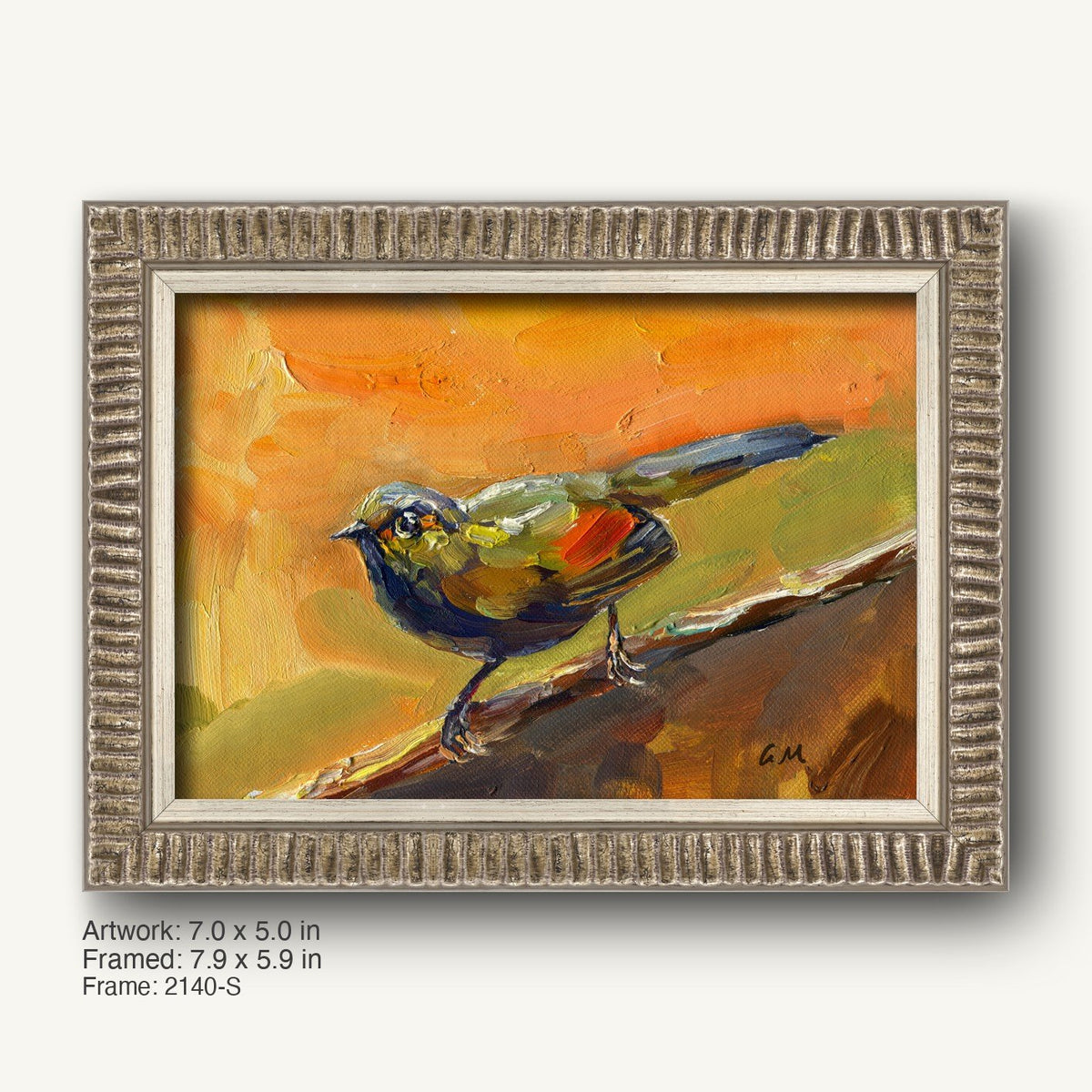Vibrant oil painting of a bird perched on a branch, rendered in impasto style with orange, green, and blue hues, displayed in a textured silver-gray ornate frame