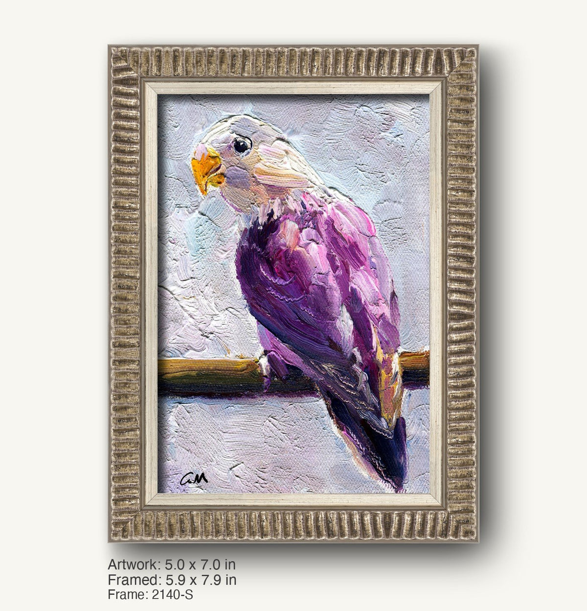 Textured oil painting of a purple parrot by George Miller in a rustic silver-toned frame with ribbed profile, vertical composition