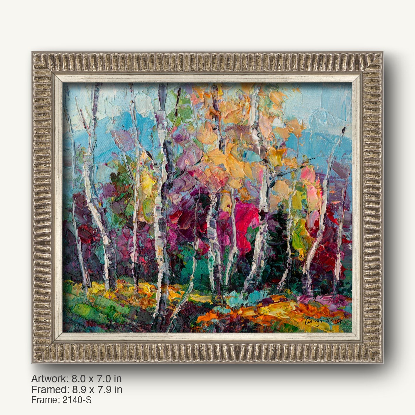 Vibrant birch forest oil painting in a textured silver-gray ornate frame, vertical composition with bold impasto strokes and autumnal colors