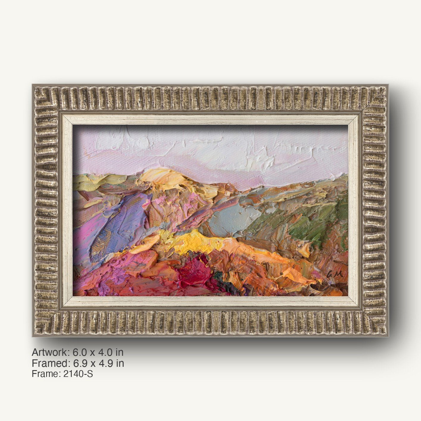 Abstract mountain landscape oil painting in a textured silver-gray frame with ribbed profile, showcasing vibrant red, yellow, purple, and green hues on canvas