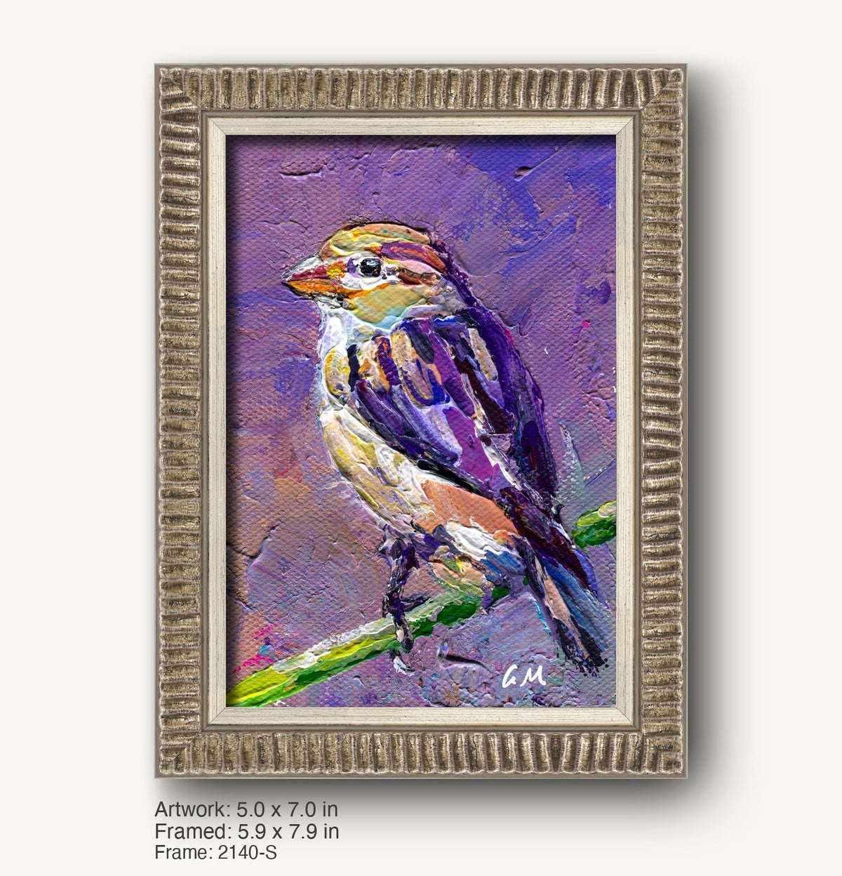Textured oil painting of a colorful bird on a branch, set in a rustic silver-toned frame with ribbed profile, vertical composition