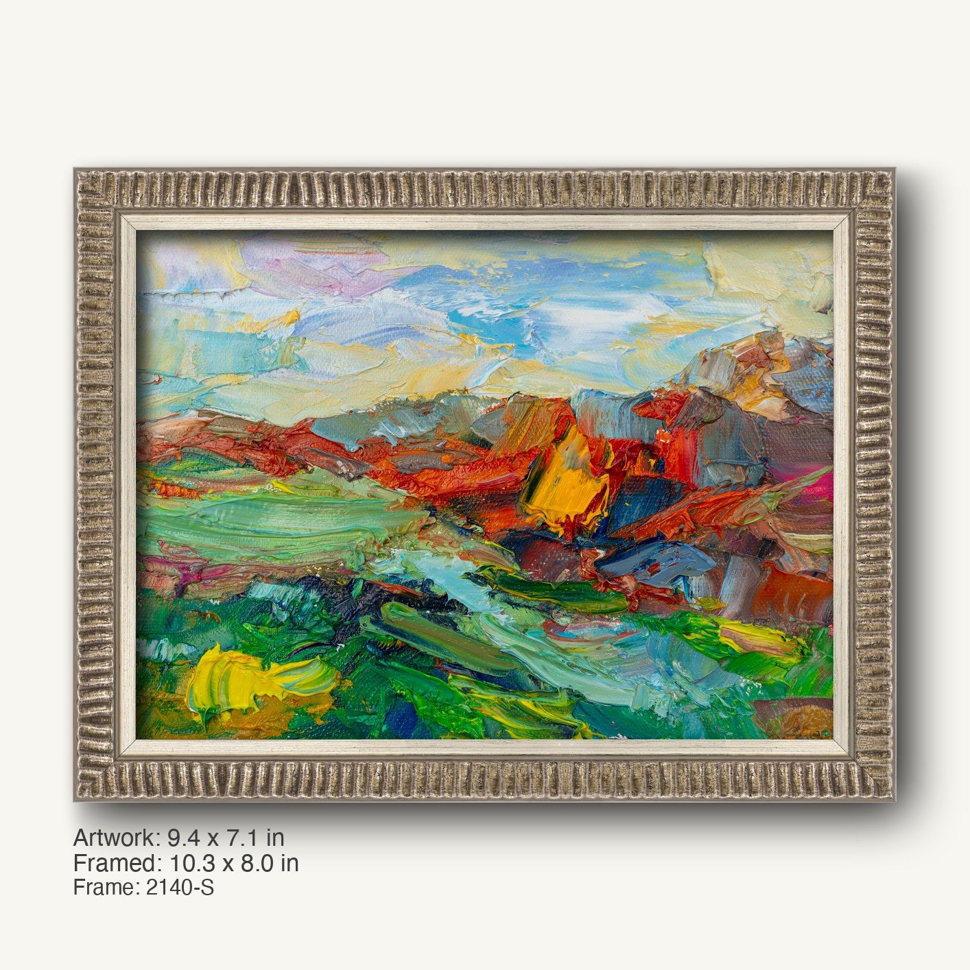 Expressive mountain landscape oil painting in a cool silver ornate frame with textured ridged profile, showcasing vibrant abstract colors and dynamic brushwork