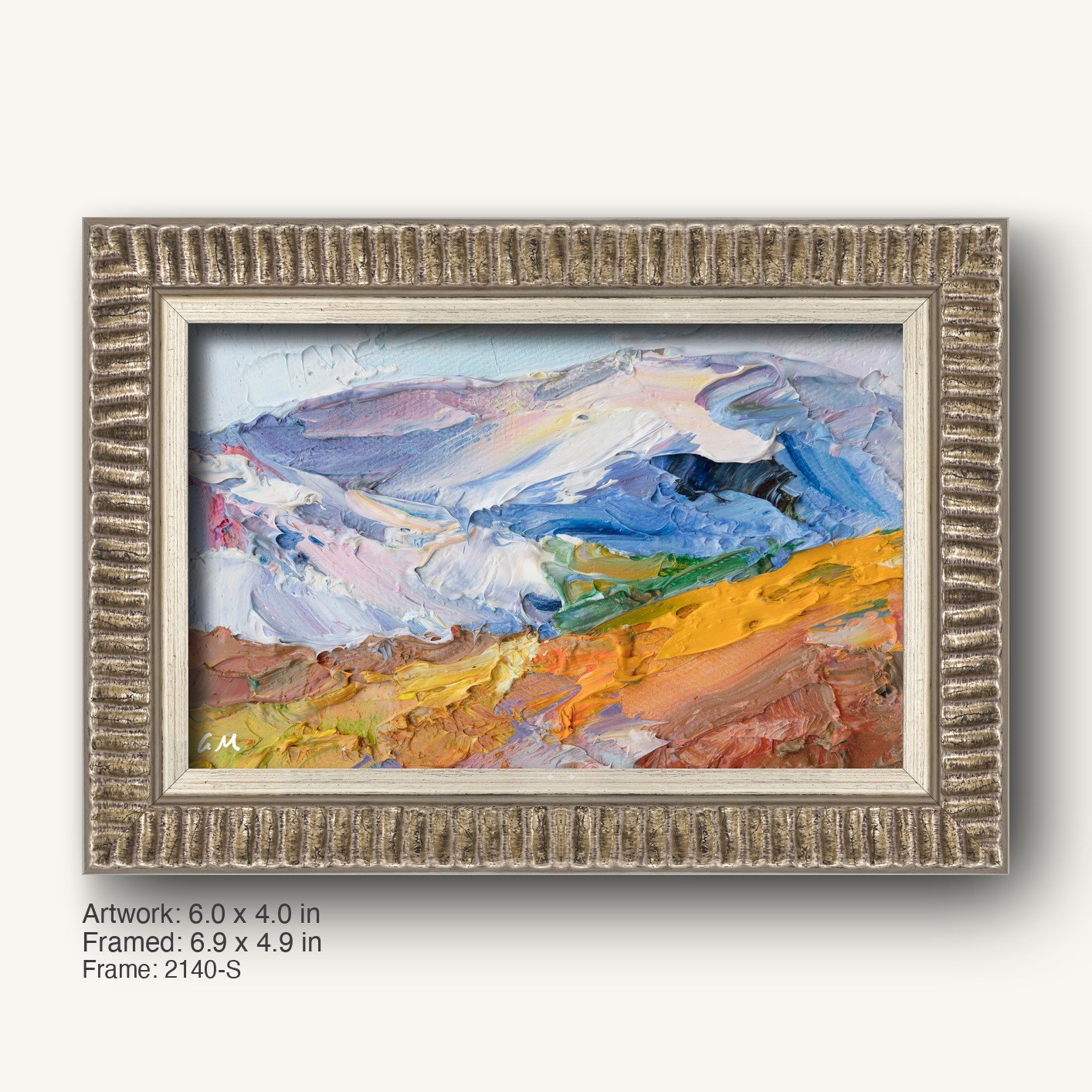 Hand-painted abstract landscape in a textured silver-gray ornate frame, featuring bold blue, yellow, and white brushstrokes on canvas, signed by artist