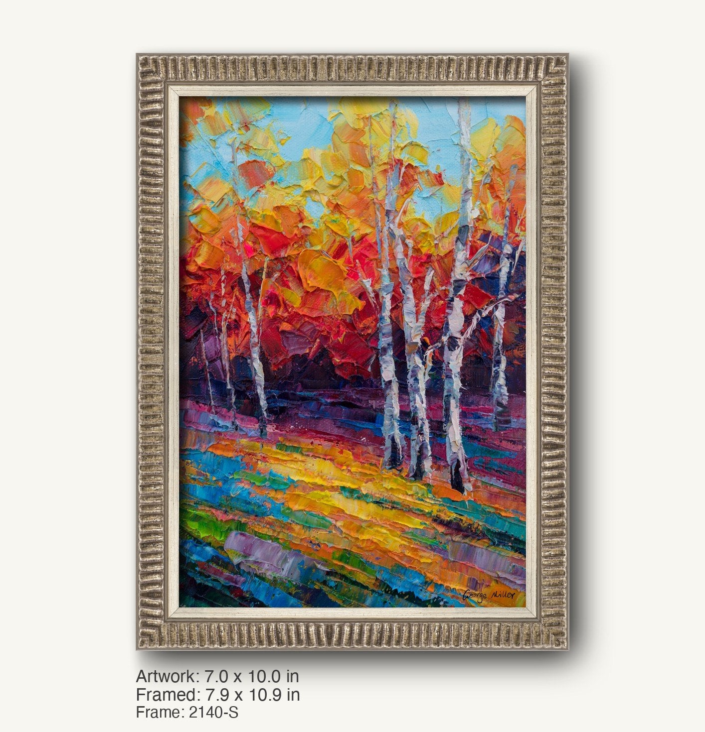 Vibrant autumn birch forest oil painting in a textured silver frame, vertical composition with bold red, yellow, and blue hues on canvas