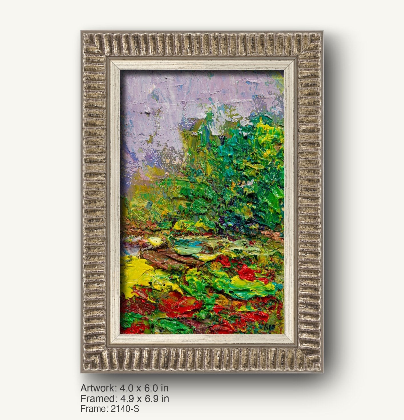 Vibrant expressionist garden scene in oil on canvas, framed in a textured silver-gray ornate frame with ribbed profile, showcasing bold greens, reds, and yellows against a soft lavender sky.