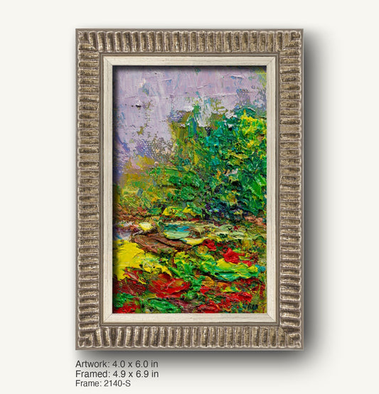 Vibrant expressionist garden scene in oil on canvas, framed in a textured silver-gray ornate frame with ribbed profile, showcasing bold greens, reds, and yellows against a soft lavender sky.