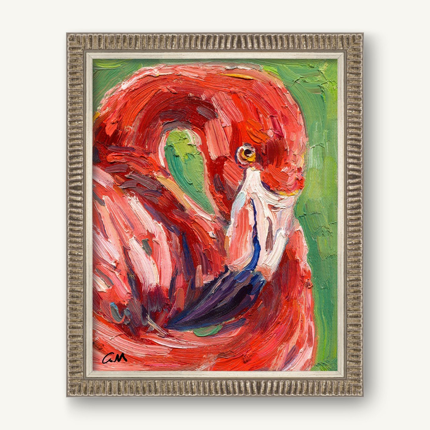 Vibrant hand-painted flamingo portrait in silver frame, bold red and green expressionist style on canvas, signed by artist