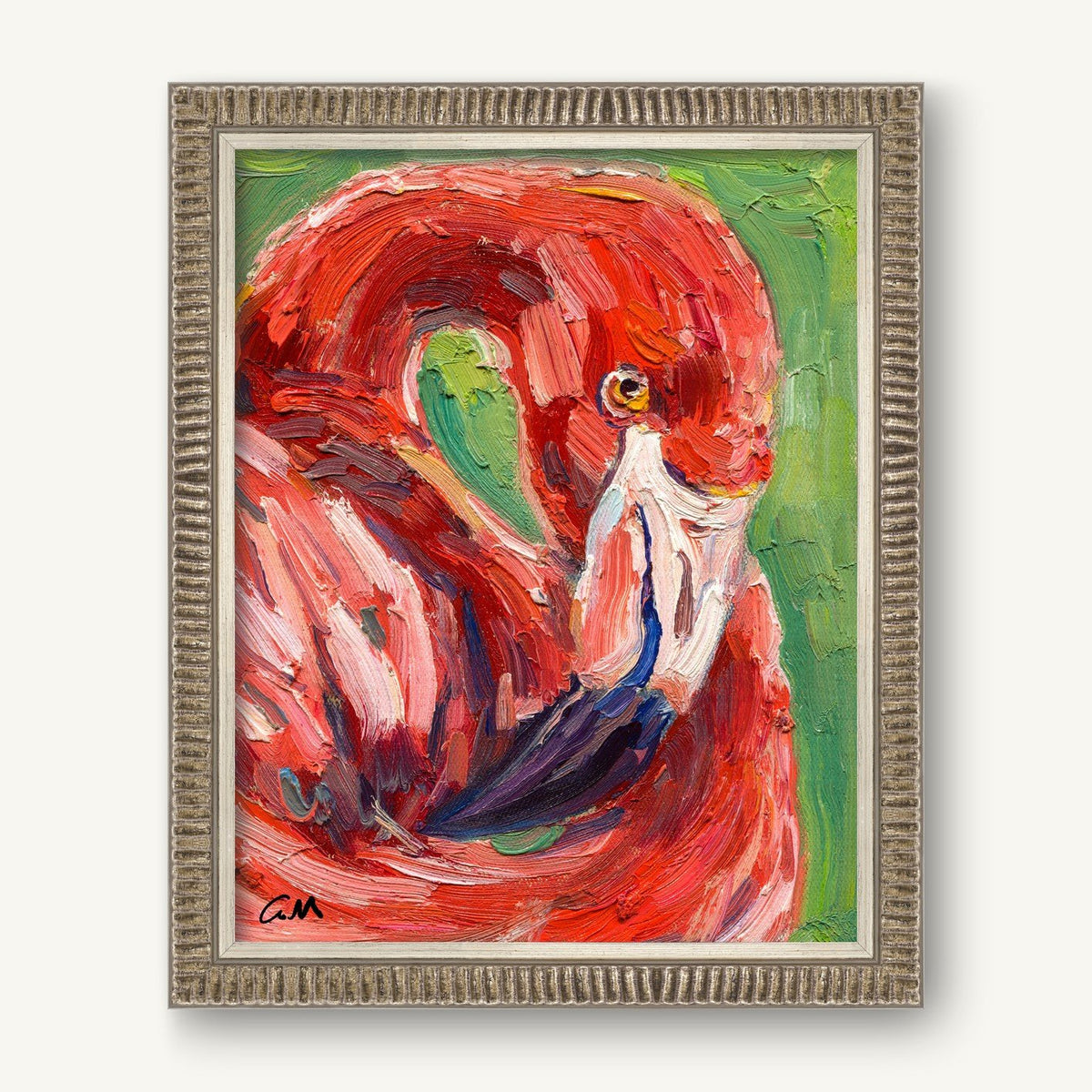 Vibrant hand-painted flamingo portrait in silver frame, bold red and green expressionist style on canvas, signed by artist