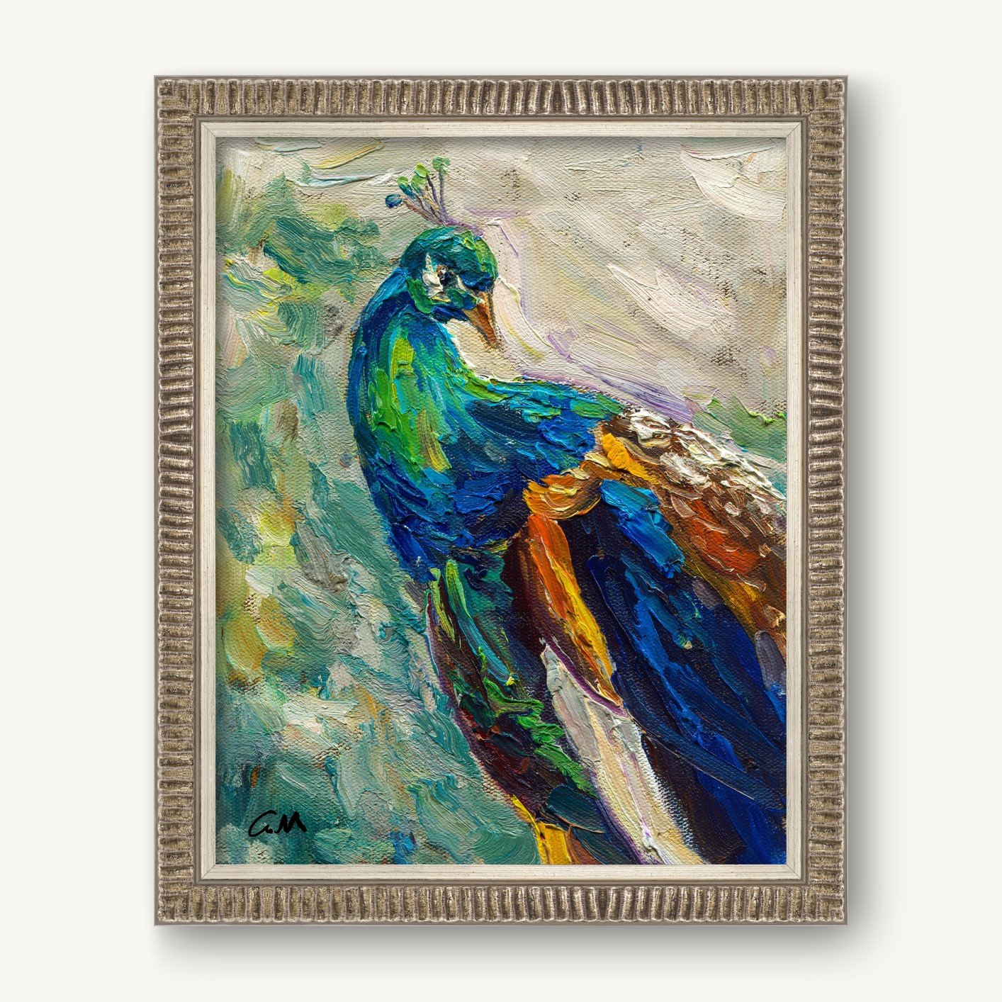 Vibrant oil painting of a peacock in rich blues, greens, and yellows, textured impasto style, signed by G.M., displayed in a silver-toned frame against a neutral background.