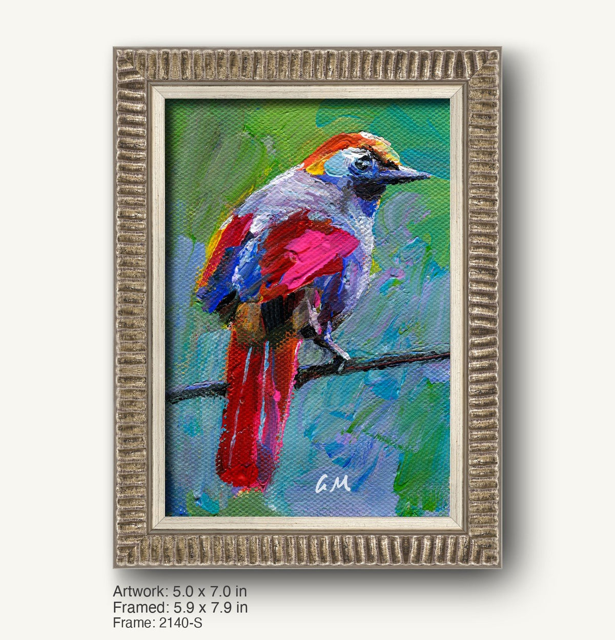 Vibrant oil painting of a colorful bird perched on a branch, framed in a textured silver-gray ornate frame with vertical ridges, set against a soft background.