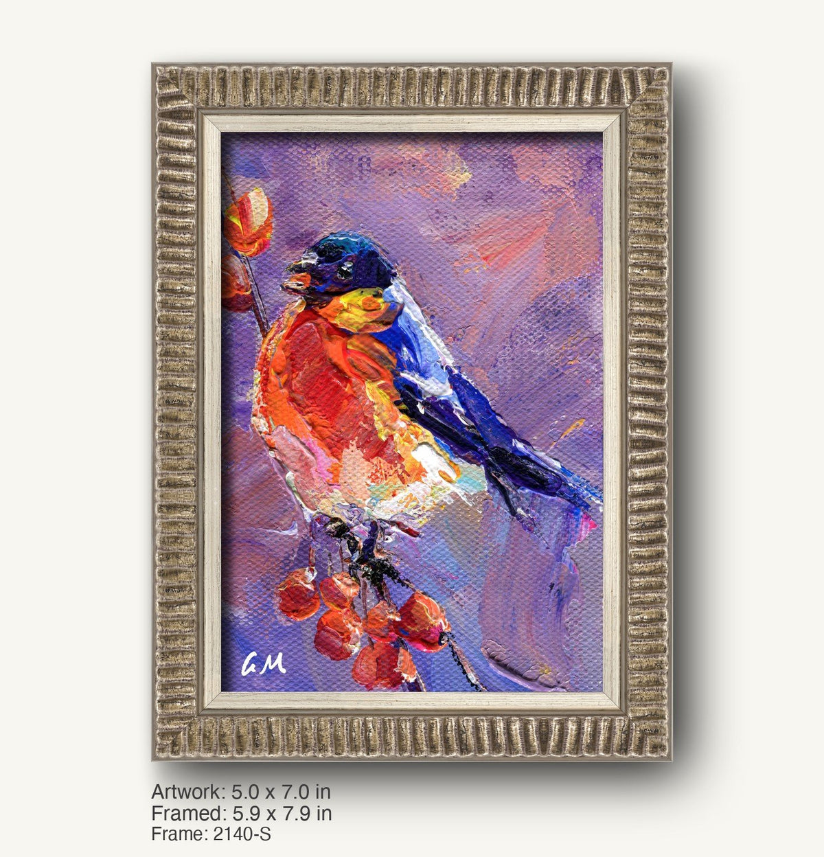 Expressive oil painting of a colorful bird perched on a berry branch, framed in a textured silver-gray ornate frame with vertical ridges, set against a soft purple background.