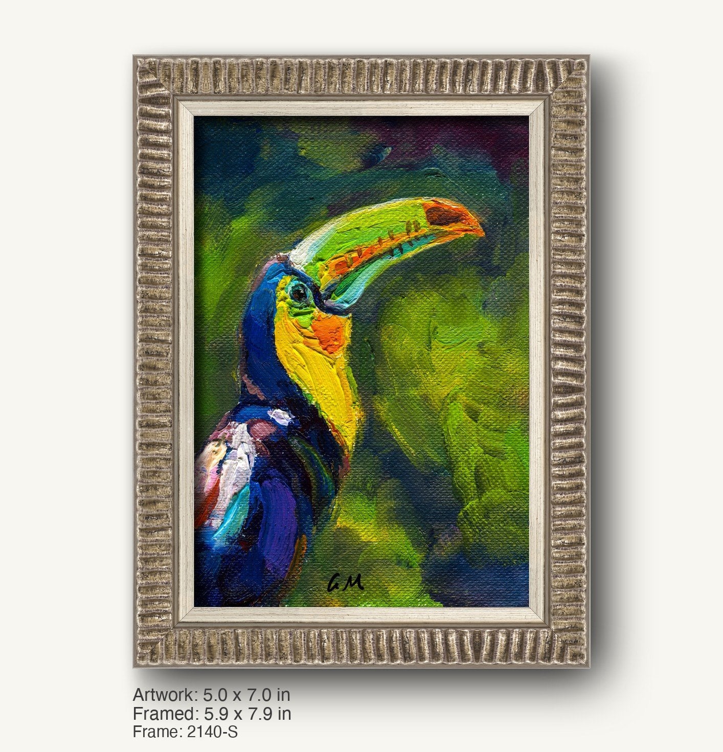 Vibrant oil painting of a toucan in a textured silver-gray frame, featuring bold green, blue, and yellow hues on canvas, signed by artist