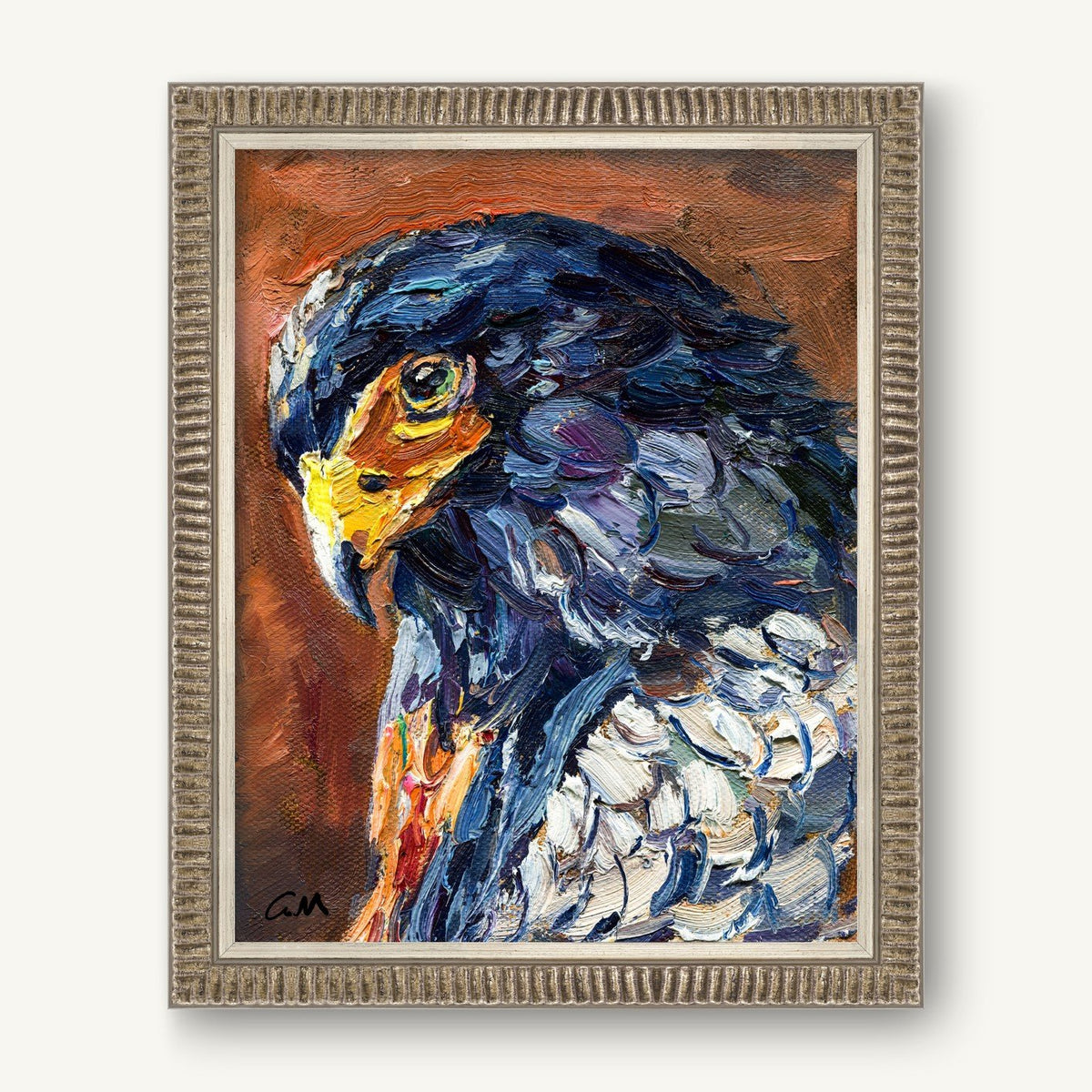 Expressive oil painting of a hawk with bold blue, brown, and white brushstrokes, framed in textured silver, vertical composition on canvas