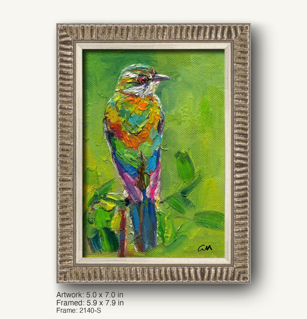 Vibrant palette knife bird portrait in a textured silver-gray frame, featuring bold colors and expressive brushwork on canvas