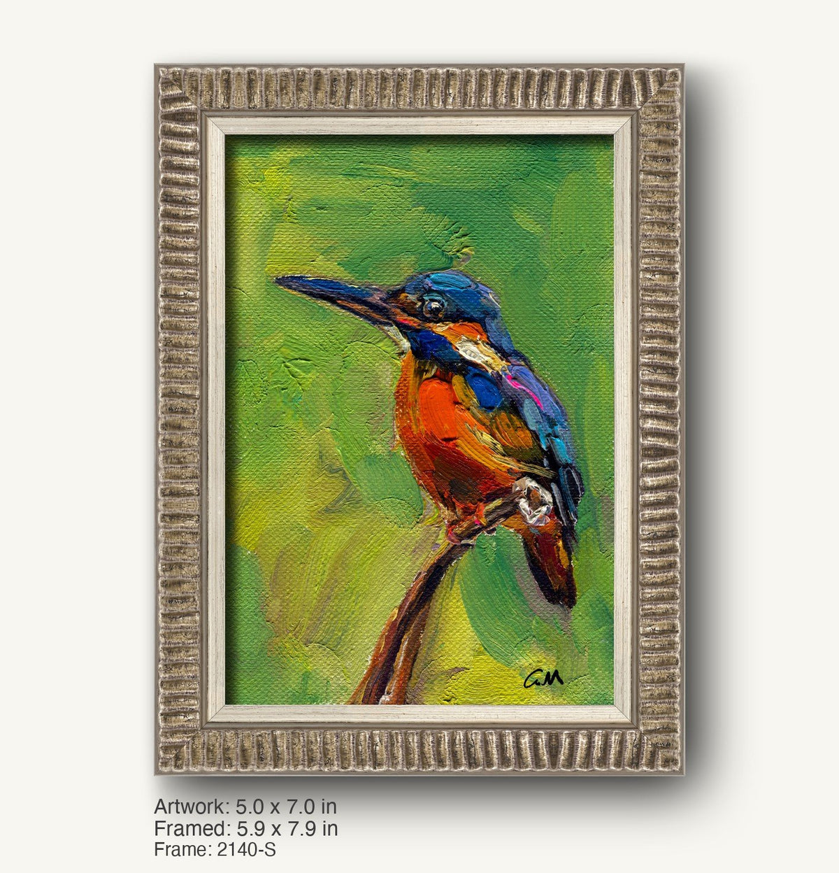 Hand-painted kingfisher bird in vibrant blue, red, and green hues on canvas, framed in a textured silver-gray ornate frame with ribbed profile, set against a neutral background