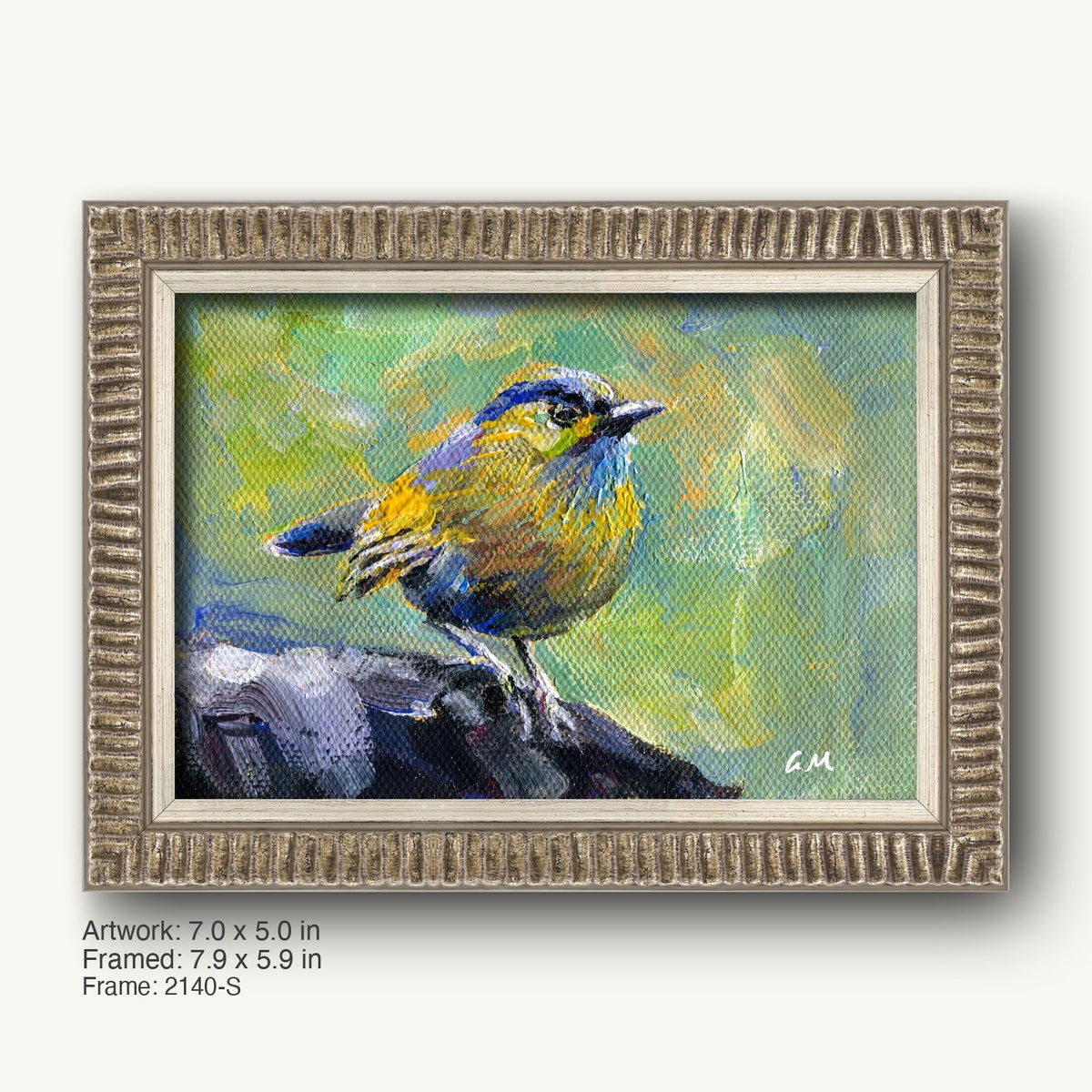 Hand-painted bird portrait in ornate silver frame, featuring a vibrant blue and yellow bird perched on rock against a textured green background
