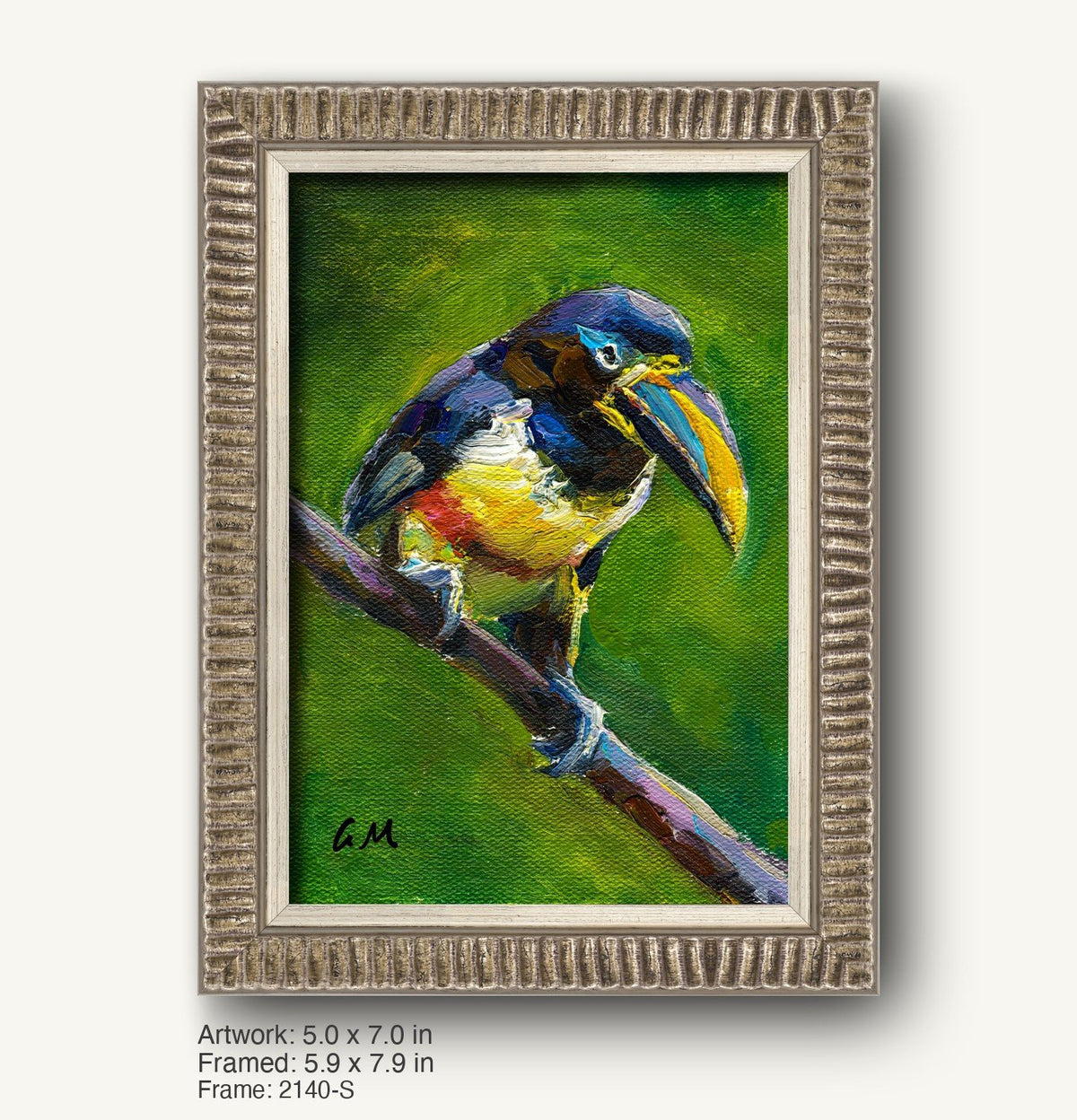 Vibrant hand-painted toucan portrait in a textured silver-gray ornate frame, featuring bold green, yellow, and blue hues on canvas, initialed by artist