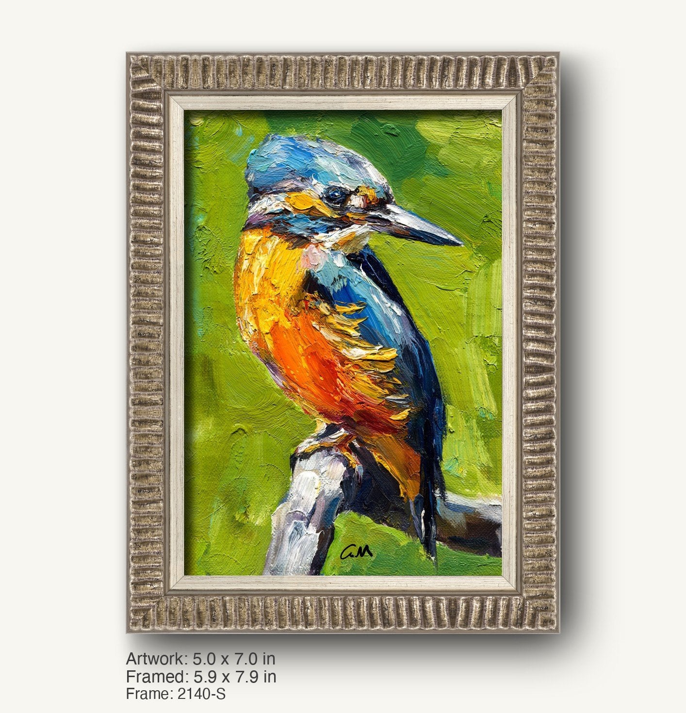 Vibrant oil painting of a kingfisher bird perched on a branch, framed in a textured silver-gray ornate frame with vertical ridges, set against a green background