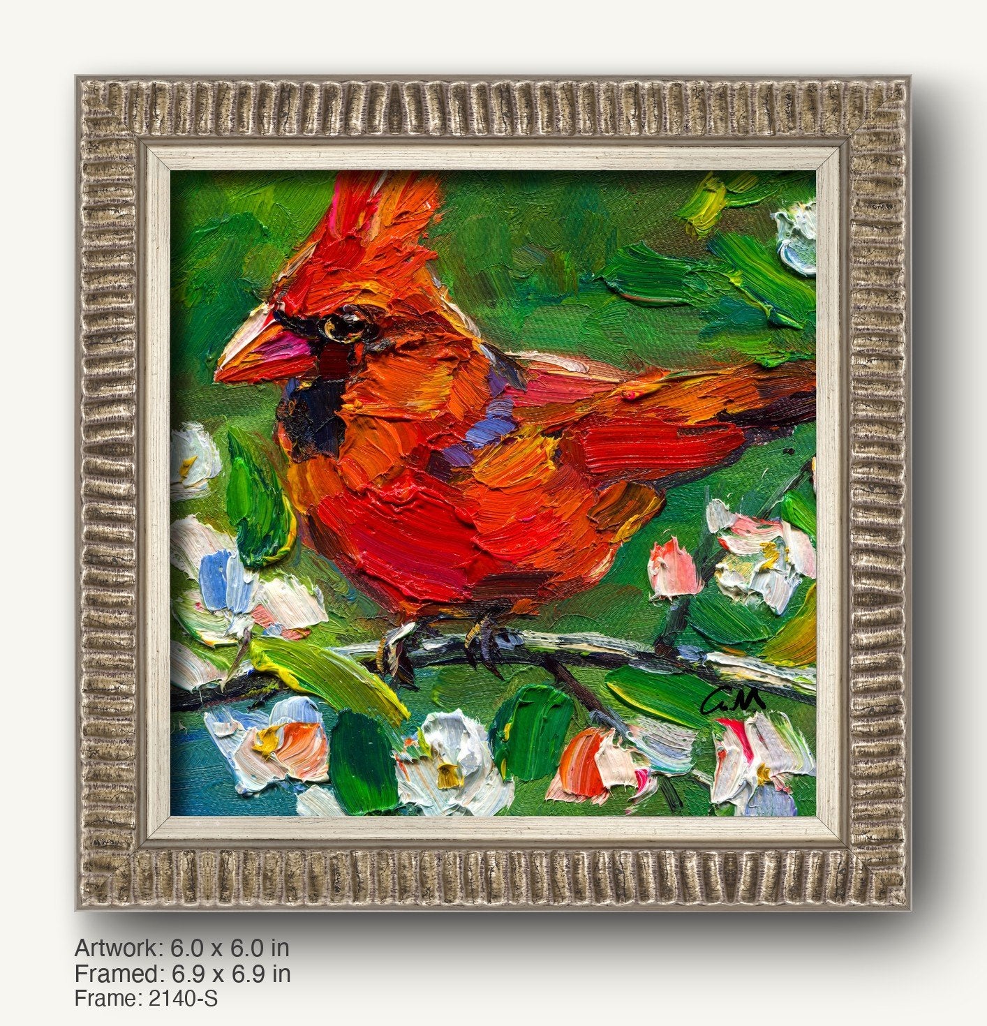 Vibrant oil painting of a red cardinal perched on a floral branch, rendered in thick impasto style, framed in a textured silver-gray ornate frame with ribbed profile.