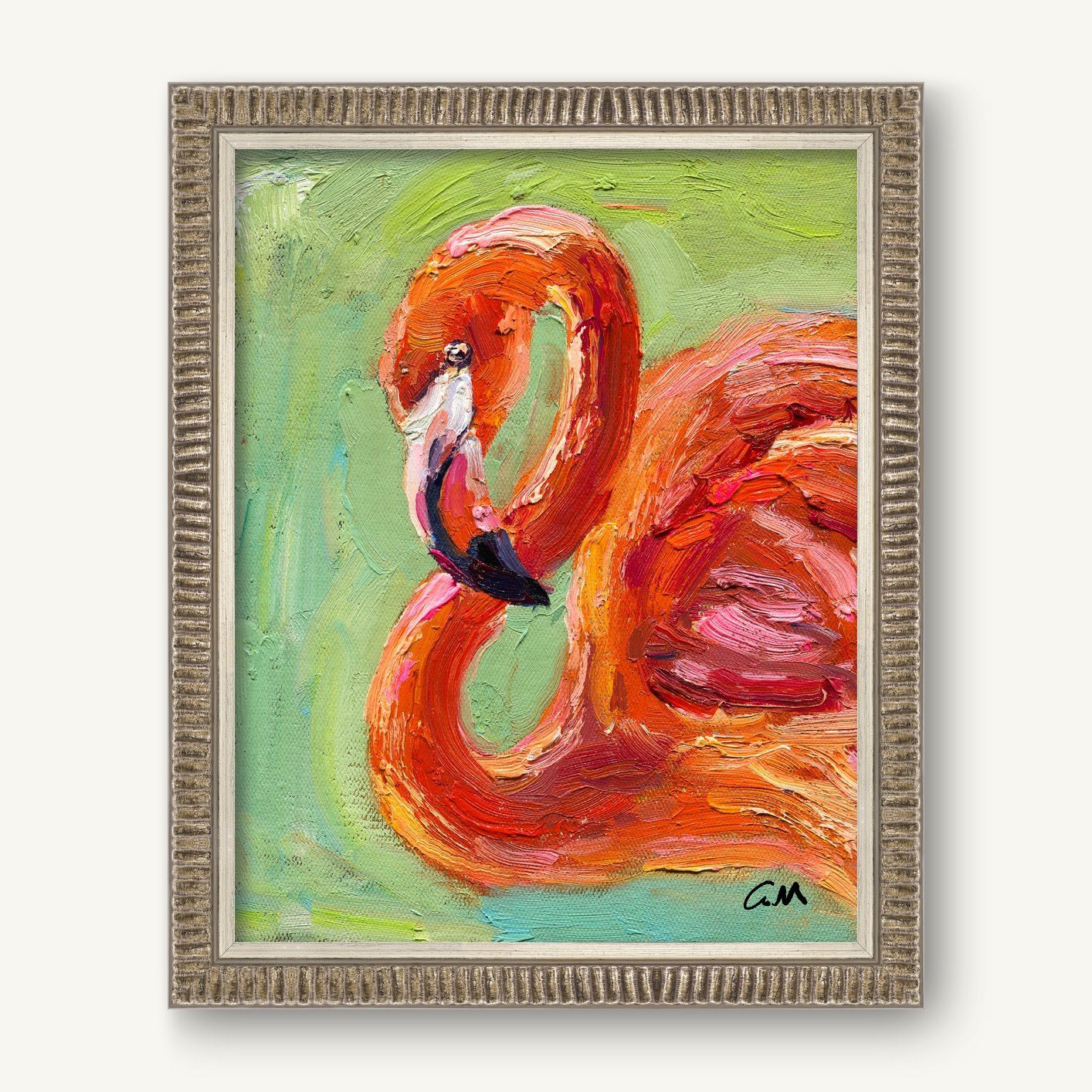 Vibrant oil painting of a flamingo with thick impasto texture, framed in silver, set against a light background