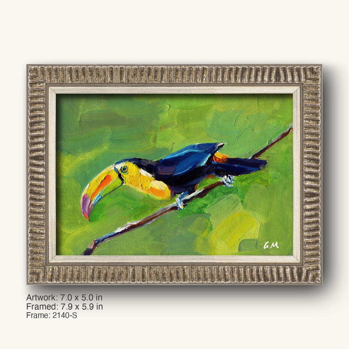 Vibrant oil painting of a toucan perched on a branch, framed in a textured silver-gray ornate frame with a classic profile, set against a green background.