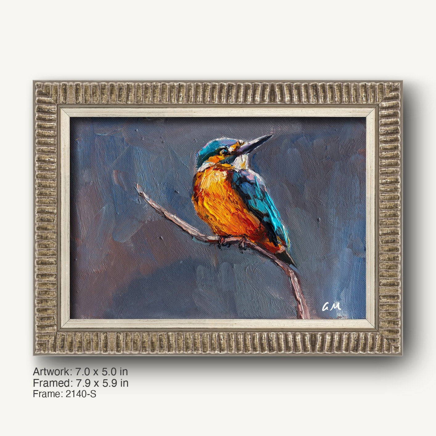 Hand-painted kingfisher perched on a branch, vibrant blue and orange plumage against a moody gray background, displayed in a textured silver-gray ornate frame with ribbed profile