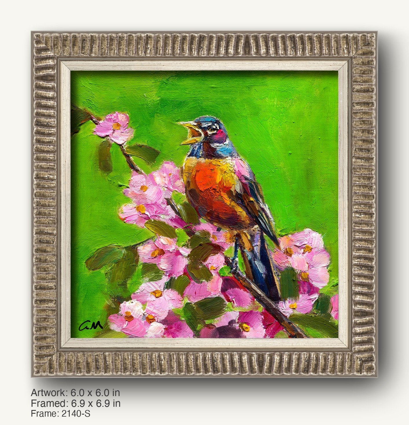 Hand-painted robin perched on blooming pink flowers against a vibrant green background, framed in a textured silver-gray ornate frame with ribbed profile