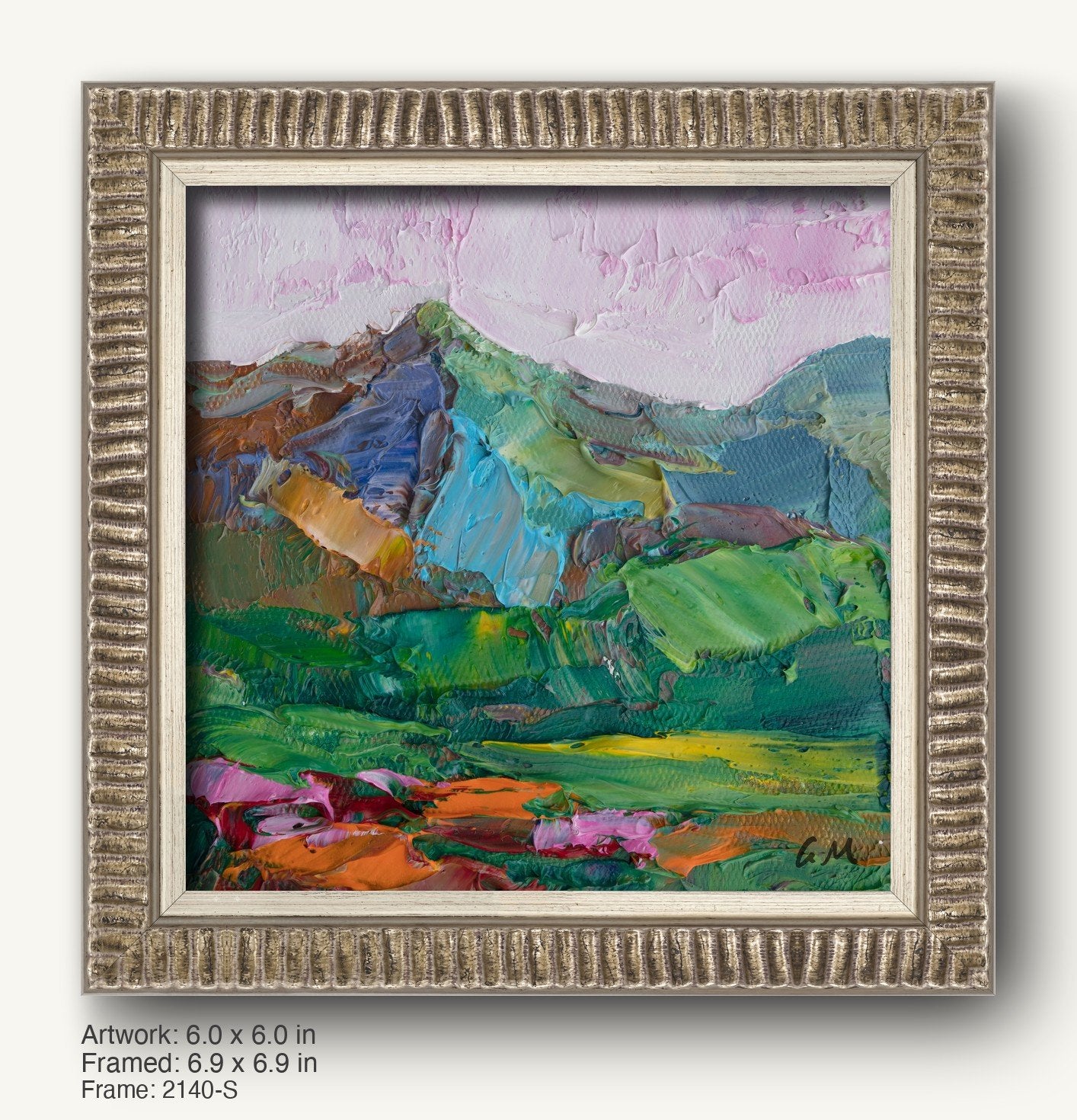 Hand-painted mountain landscape in a textured silver-gray ornate frame, featuring vibrant green, blue, and pink hues with expressive brushwork on canvas