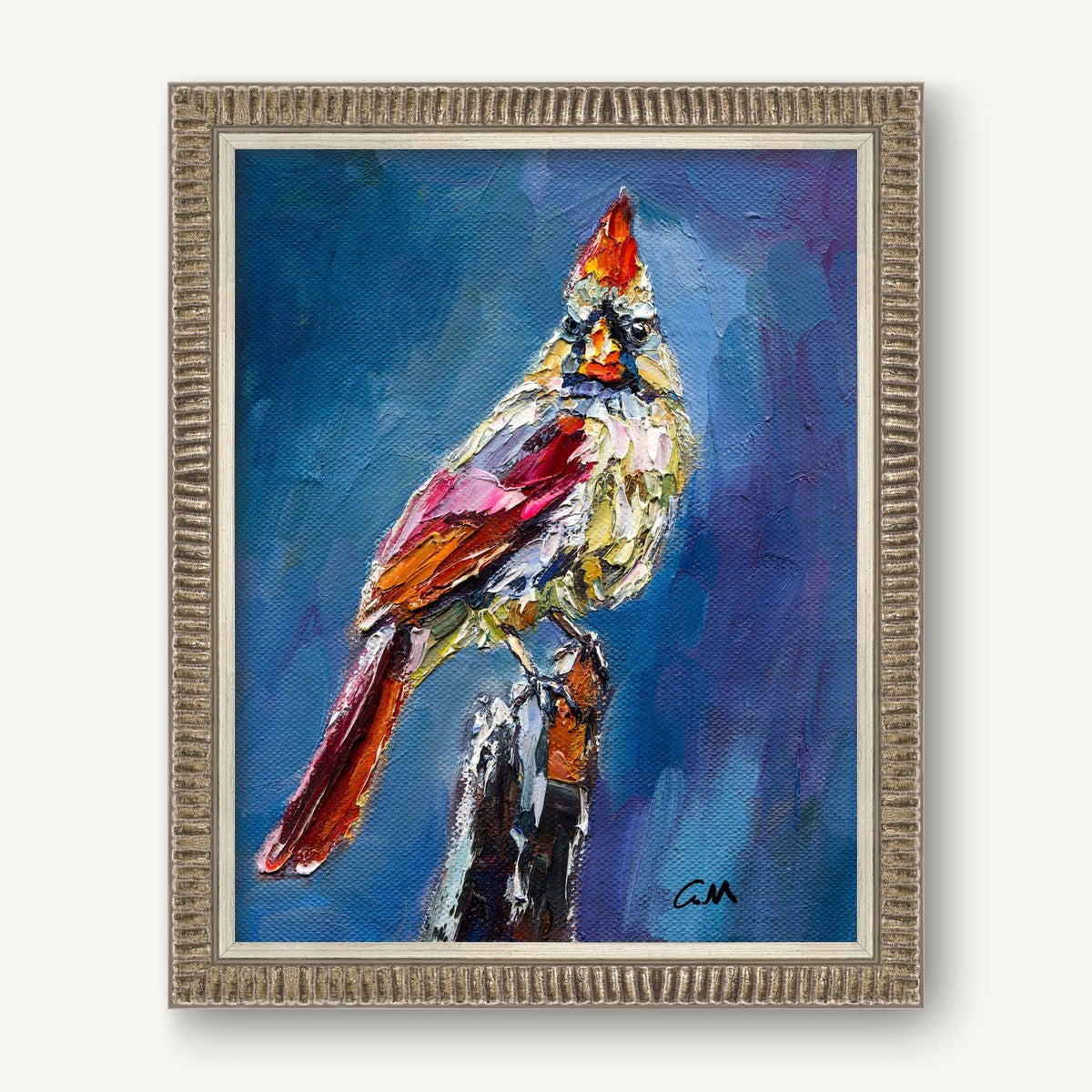 Expressive oil painting of a cardinal bird perched on a branch, framed in silver with textured brushwork and vibrant red, blue, and white hues.