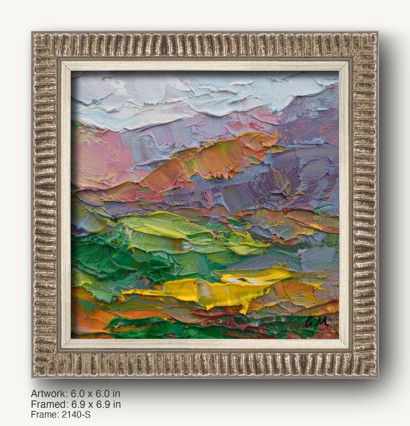 Abstract landscape oil painting with thick impasto texture in vibrant greens, yellows, and blues, displayed in a textured silver-toned ornate frame