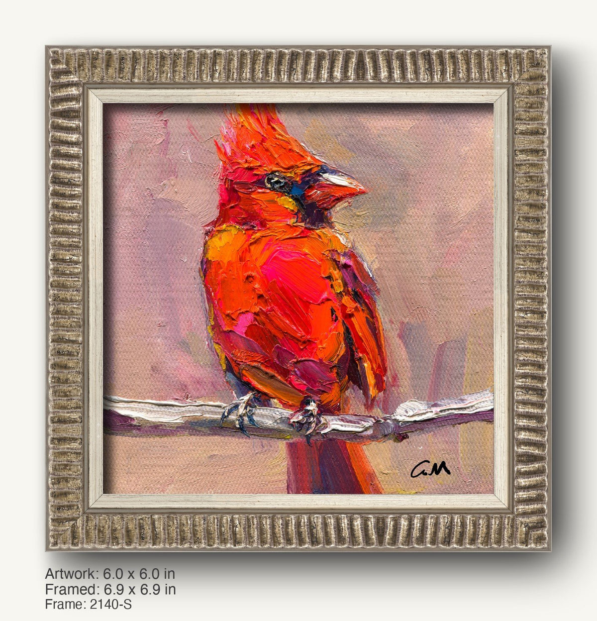 Vibrant red cardinal bird oil painting on canvas, framed in a textured silver-gray ornate frame with ribbed profile, signed by artist