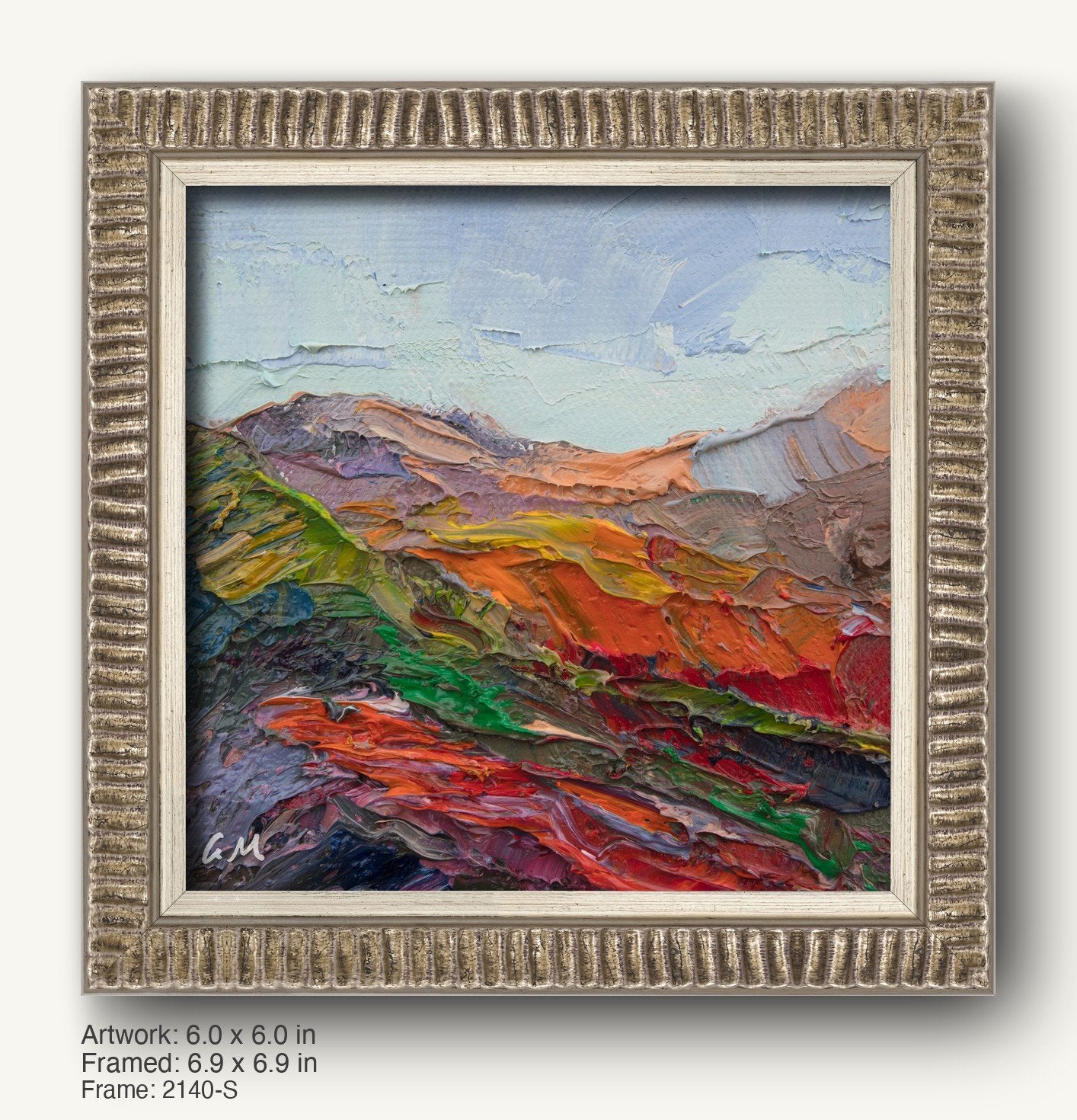 Vibrant impasto mountain landscape in a textured silver-gray ornate frame, featuring bold reds, oranges, greens, and blues with visible brushwork and artist initials