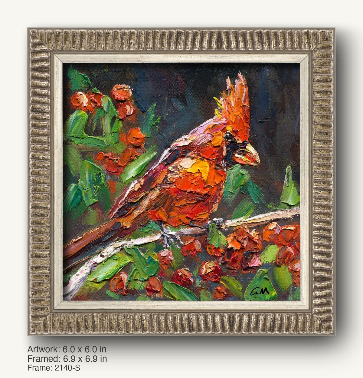 Vibrant oil painting of a cardinal bird perched on a branch with red berries, set in a textured silver-gray ornate frame with ribbed profile and inner bevel, enhancing the expressive brushwork and rich colors.