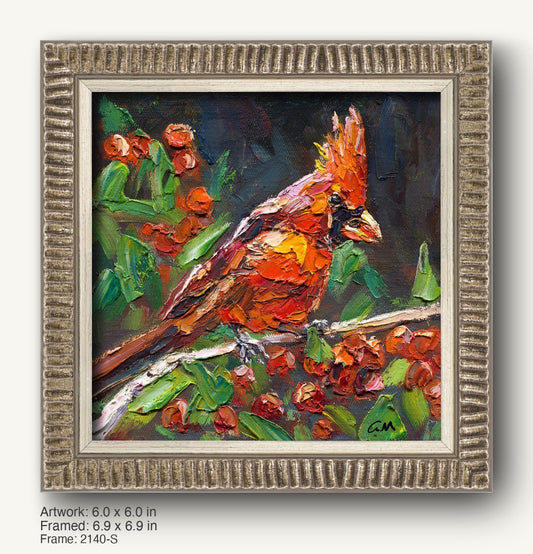 Vibrant oil painting of a cardinal bird perched on a branch with red berries, set in a textured silver-gray ornate frame with ribbed profile and inner bevel, enhancing the expressive brushwork and rich colors.