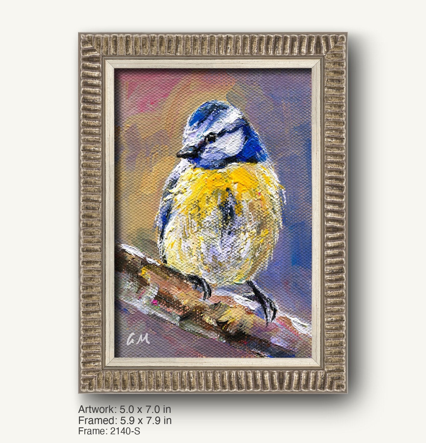 Palette knife oil painting of a blue tit perched on a branch, framed in a textured silver-gray ornate frame with vertical ridges, showcasing vibrant blues, yellows, and whites.