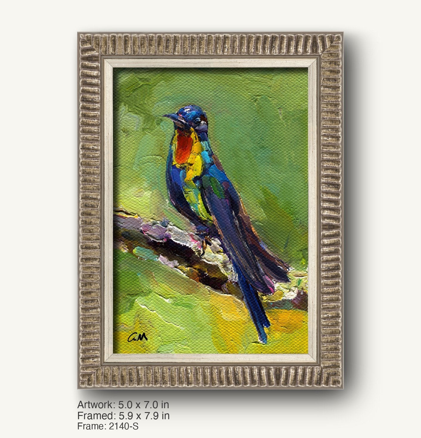 Vibrant oil painting of a colorful bird perched on a branch, framed in a textured silver-gray ornate frame with ribbed profile, set against a green background