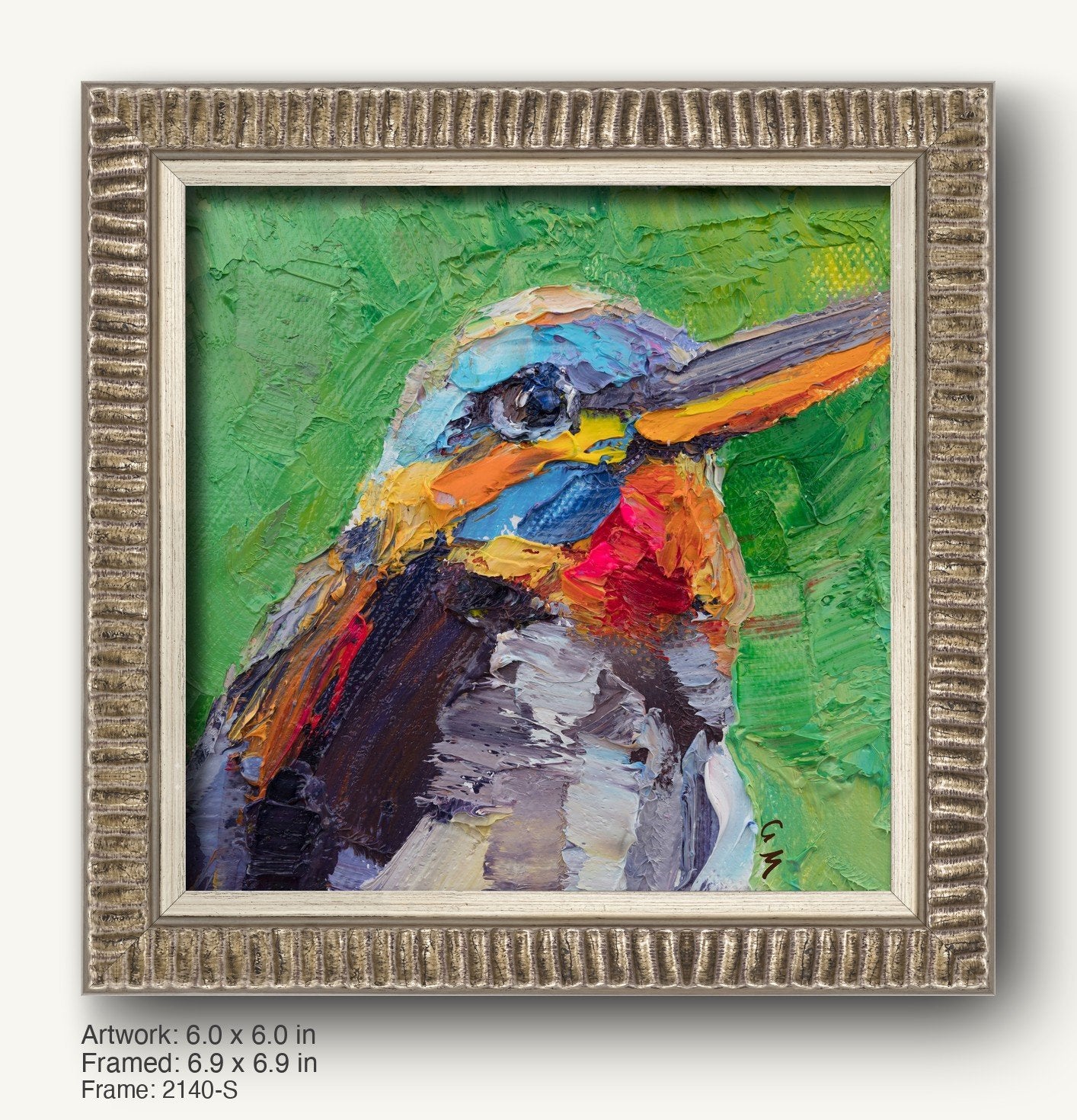 Expressive oil painting of a colorful bird with vibrant green, blue, and red hues, framed in a textured silver-toned ornate frame with ribbed profile