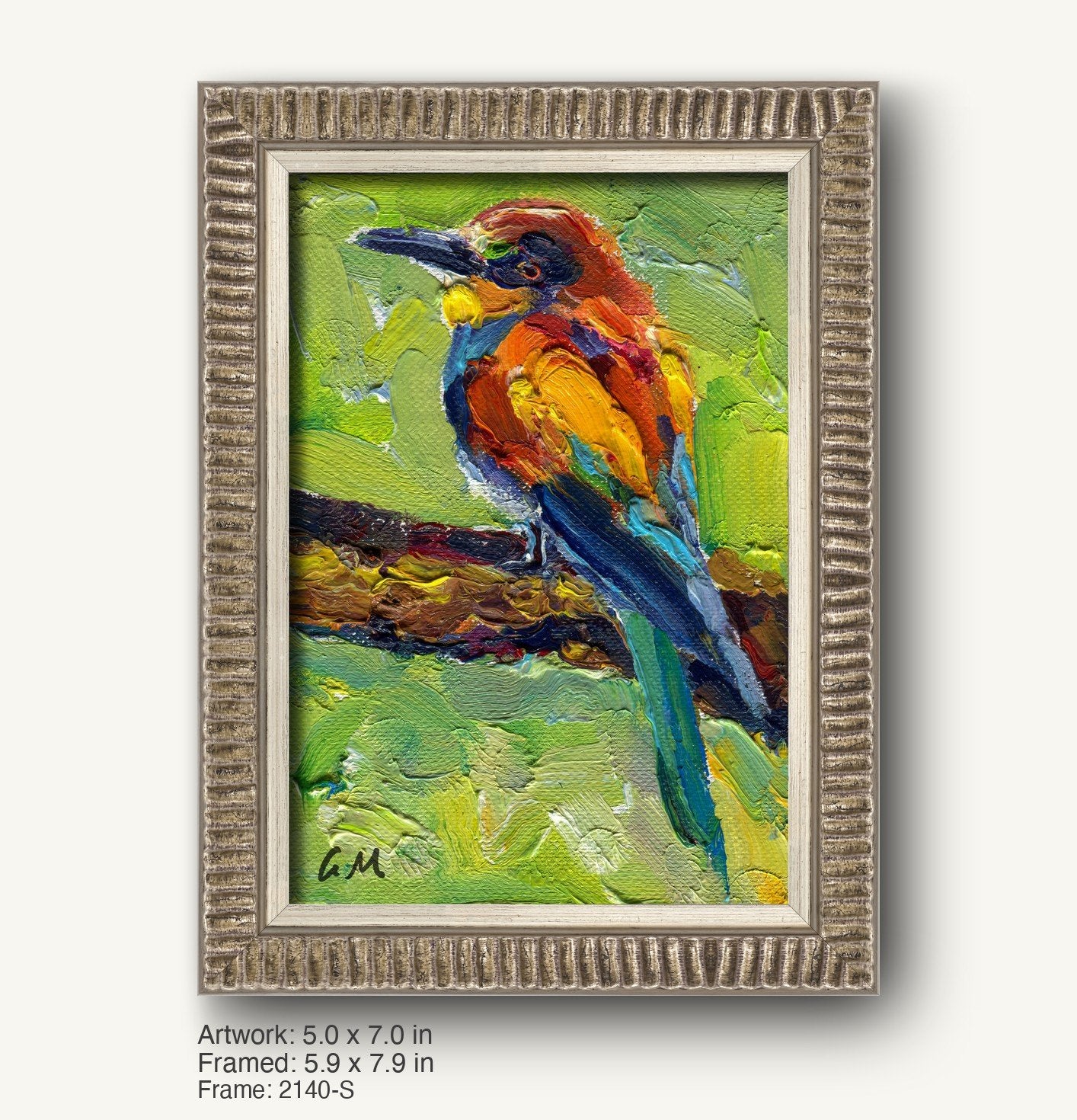 Vibrant oil painting of a colorful bird perched on a branch, framed in a textured silver-gray ornate frame with vertical ridges, set against a light background