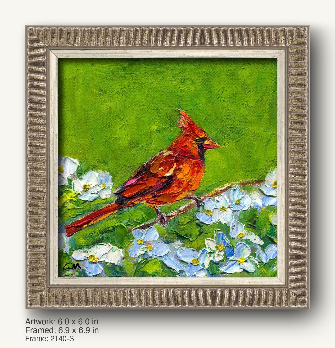 Vibrant oil painting of a red cardinal perched on blossoming branch, framed in textured silver-gray ornate frame with ribbed profile