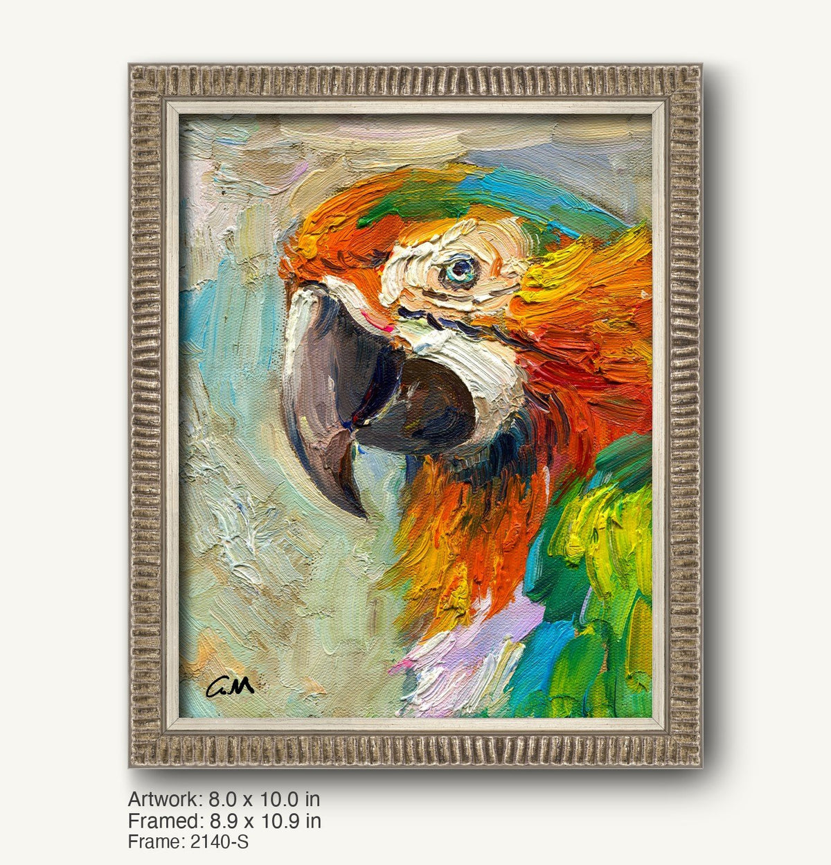 Vibrant oil painting of a macaw in a textured silver-gray frame with ribbed profile, showcasing bold orange, green, and blue hues on canvas