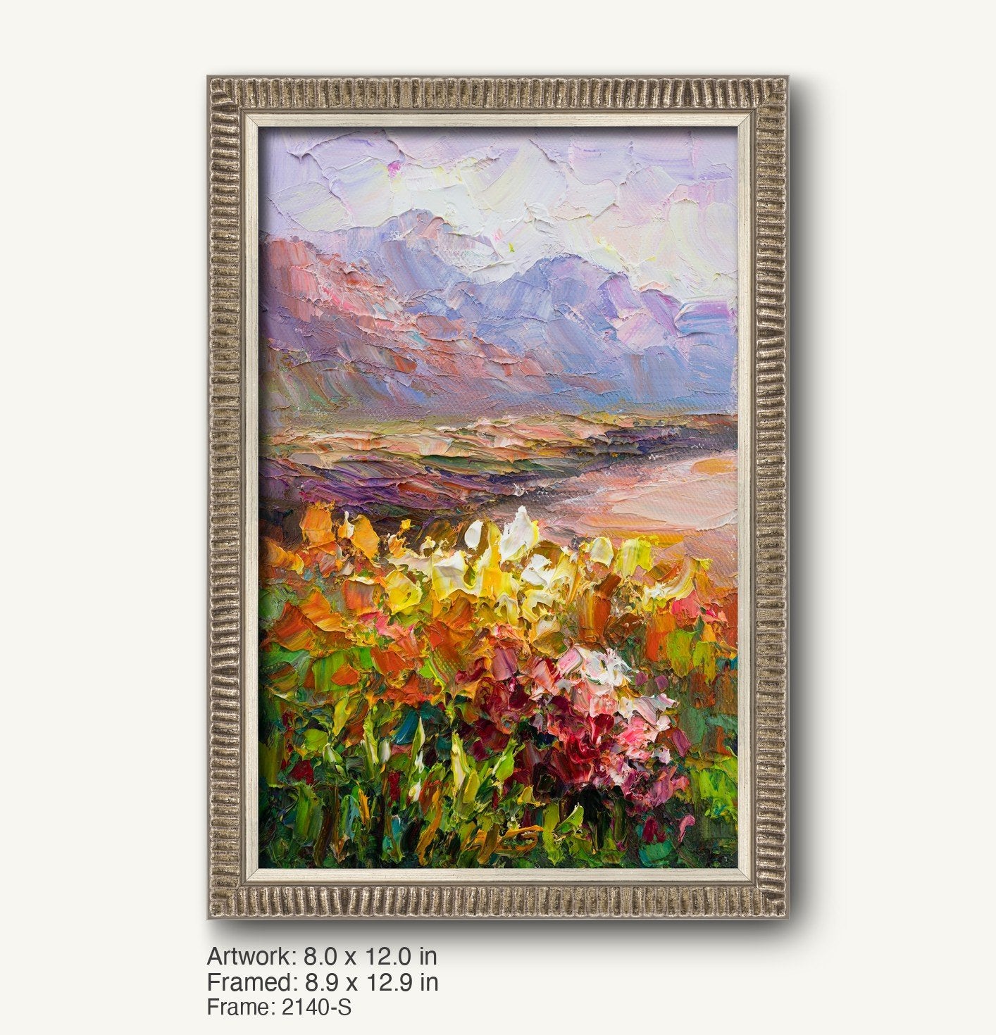 Vertical oil painting of a floral field at dusk with vibrant flowers and distant mountains, framed in a textured silver-gray ornate frame with ribbed profile