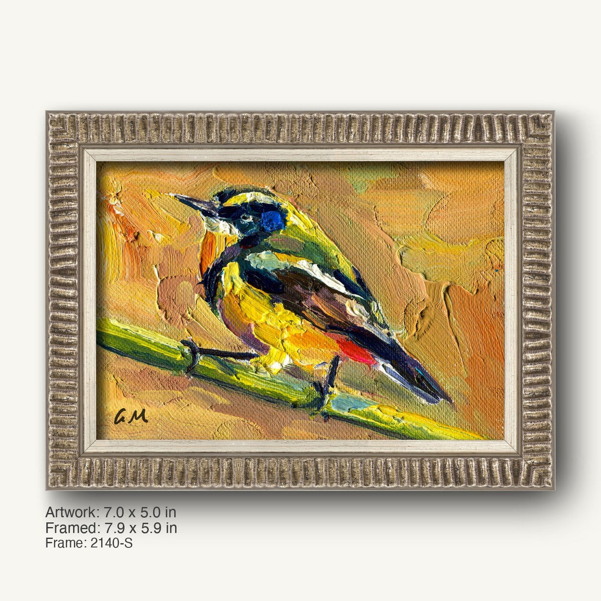 Vibrant oil painting of a colorful bird perched on a branch, framed in a textured silver-gray ornate frame with ribbed profile, showcasing rich yellows, blues, and earth tones.